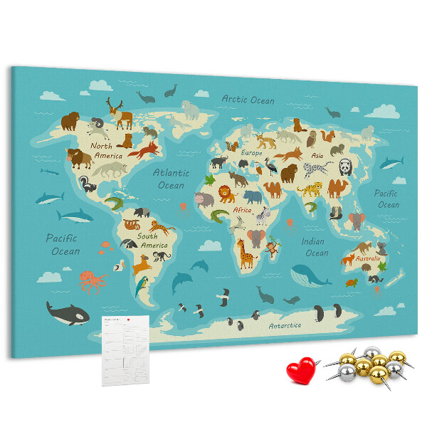 Korktafel Weltkarte mit Wildtieren