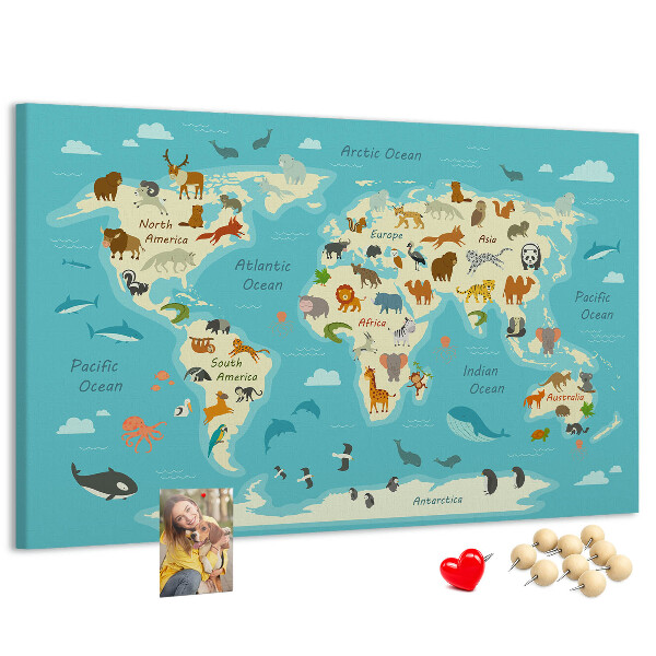 Korktafel Weltkarte mit Wildtieren