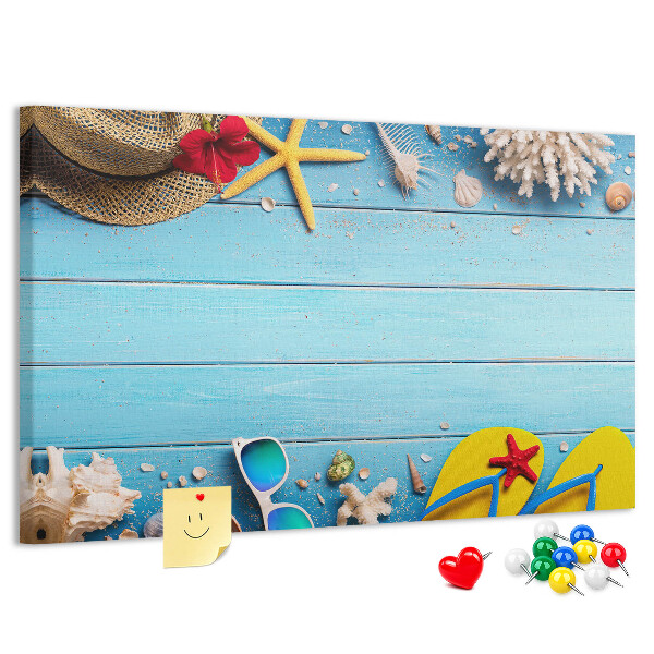 Kork-Pinnwand mit Motiv Sommerurlaub am Strand und Accessoires