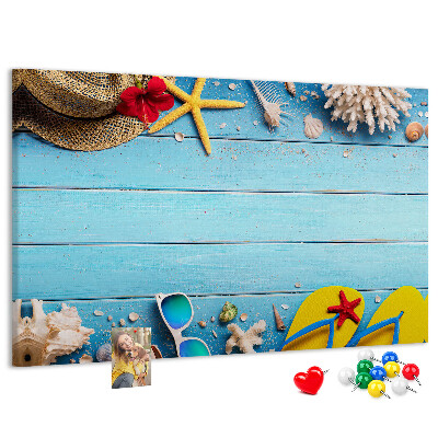 Kork-Pinnwand mit Motiv Sommerurlaub am Strand und Accessoires