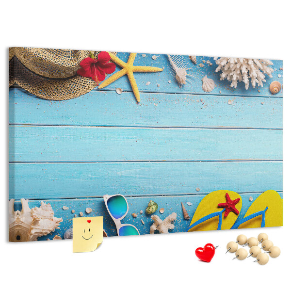 Kork-Pinnwand mit Motiv Sommerurlaub am Strand und Accessoires