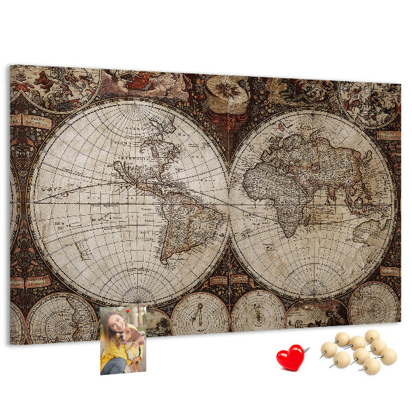 Korktafel mit antiker Weltkarte und geografischen Details