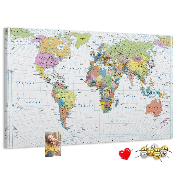 Korktafel weltkarte mit farbigen kontinenten