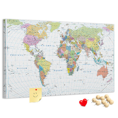 Korktafel weltkarte mit farbigen kontinenten