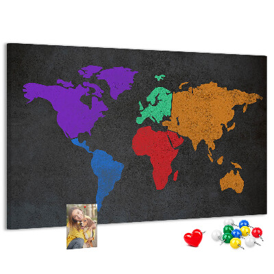 Weltkarte mit Korkrückwand farbenfrohes Design auf dunklem Hintergrund