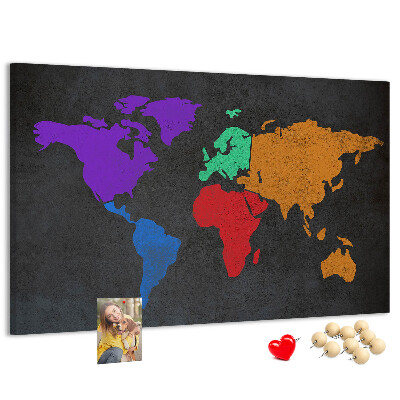 Weltkarte mit Korkrückwand farbenfrohes Design auf dunklem Hintergrund