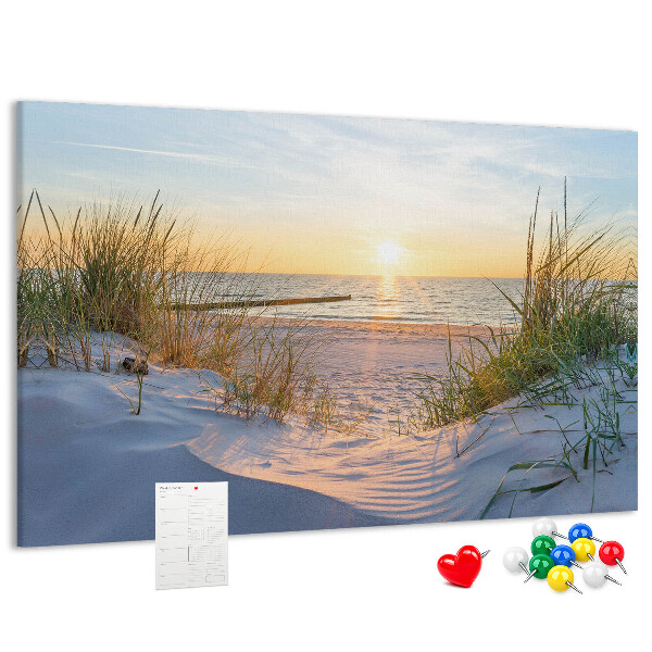 Bild mit Korkrückwand Sonnenuntergang über Strand und Dünen