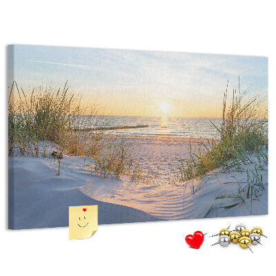 Bild mit Korkrückwand Sonnenuntergang über Strand und Dünen