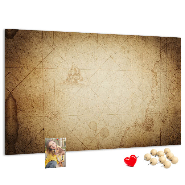 Weltkarte mit Korkrückwand antike Darstellung mit markierten Punkten