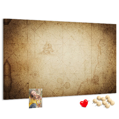 Weltkarte mit Korkrückwand antike Darstellung mit markierten Punkten