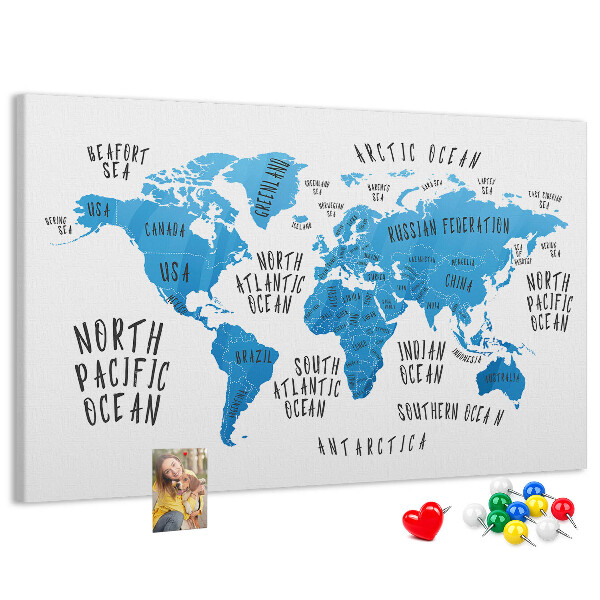 Korktafel Weltkarte mit Namen der Ozeane und Länder