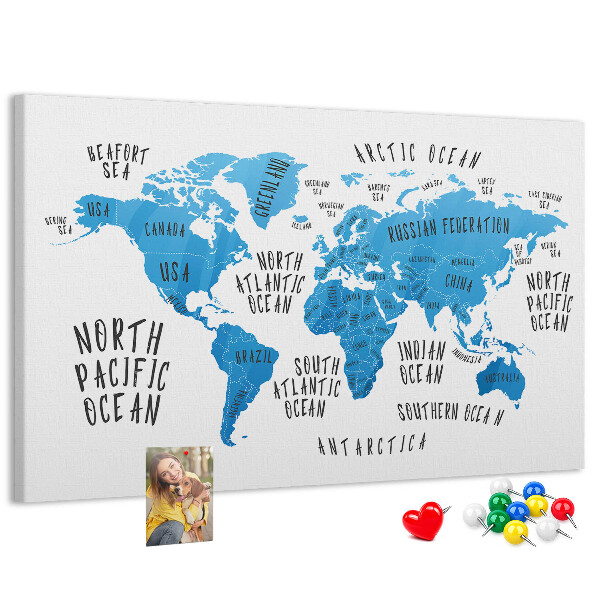 Korktafel Weltkarte mit Namen der Ozeane und Länder