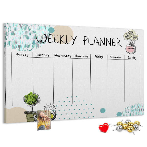 Wochenplaner buntes Design mit Pflanzen und Korkoberfläche