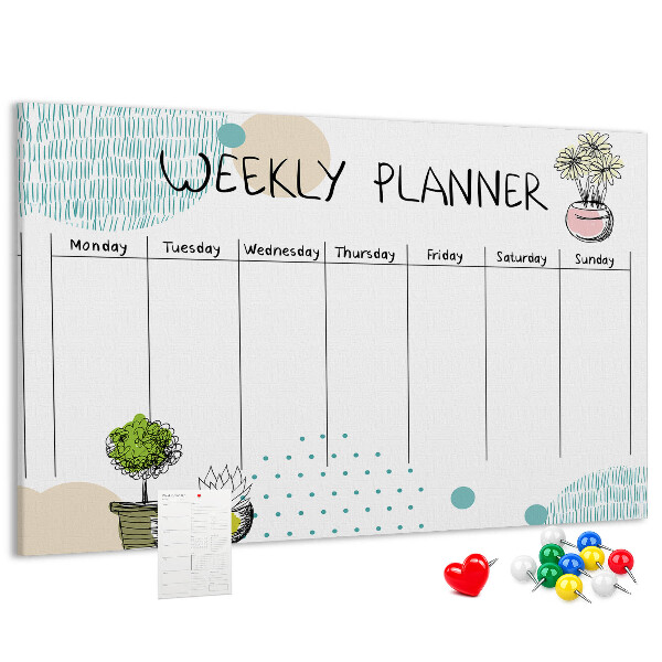 Wochenplaner buntes Design mit Pflanzen und Korkoberfläche