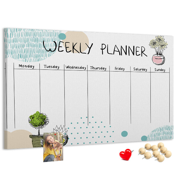 Wochenplaner buntes Design mit Pflanzen und Korkoberfläche