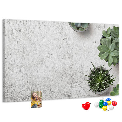 Korktafel mit Motiv Topfpflanzen auf grauem Hintergrund