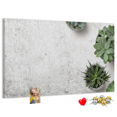 Korktafel mit Motiv Topfpflanzen auf grauem Hintergrund