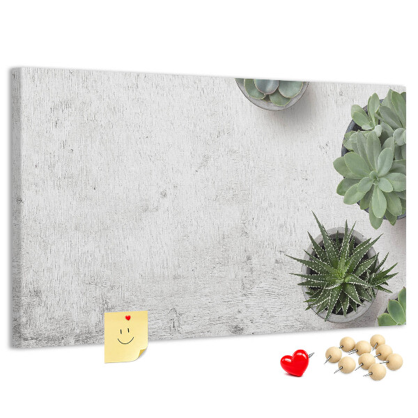 Korktafel mit Motiv Topfpflanzen auf grauem Hintergrund