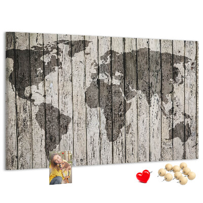 Korkbild Weltkarte auf einem Hintergrund aus Holzbrettern