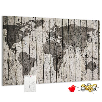 Korkbild Weltkarte auf einem Hintergrund aus Holzbrettern