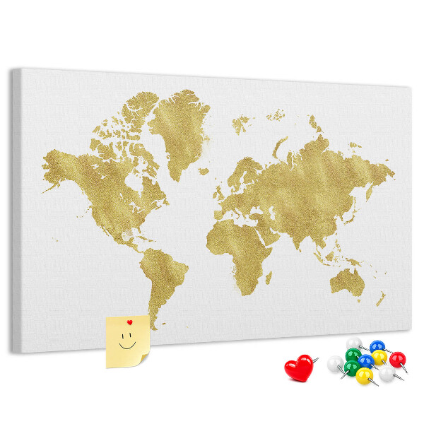 Kork-Pinnwand mit Motiv einer goldenen Weltkarte auf weißem Hintergrund
