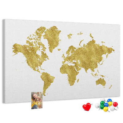 Kork-Pinnwand mit Motiv einer goldenen Weltkarte auf weißem Hintergrund