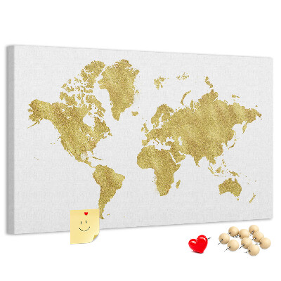 Kork-Pinnwand mit Motiv einer goldenen Weltkarte auf weißem Hintergrund