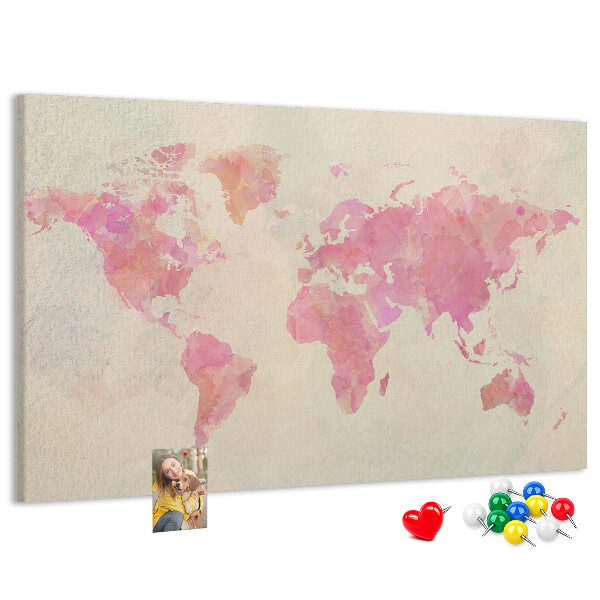 Weltkarte im Aquarellstil mit Korkrückwand in Pastellfarben