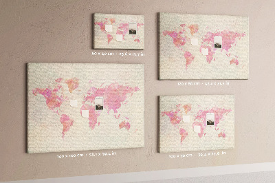 Weltkarte im Aquarellstil mit Korkrückwand in Pastellfarben