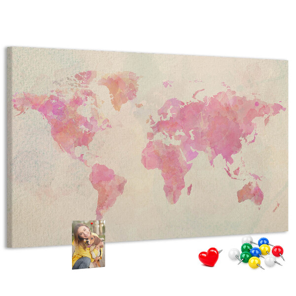 Weltkarte im Aquarellstil mit Korkrückwand in Pastellfarben