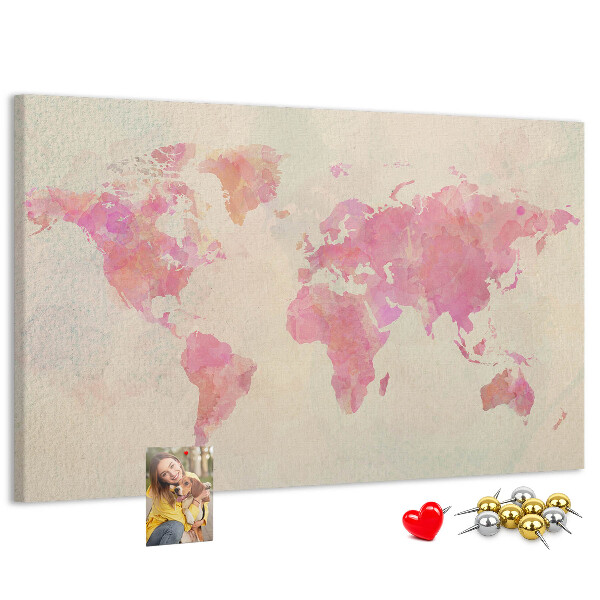 Weltkarte im Aquarellstil mit Korkrückwand in Pastellfarben