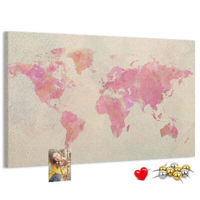 Weltkarte im Aquarellstil mit Korkrückwand in Pastellfarben