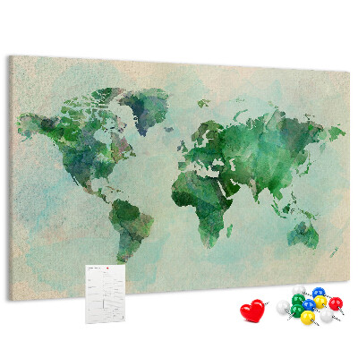 Korktafel mit Motiv einer grünen Aquarell-Weltkarte