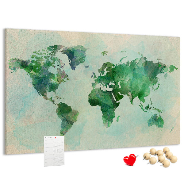 Korktafel mit Motiv einer grünen Aquarell-Weltkarte