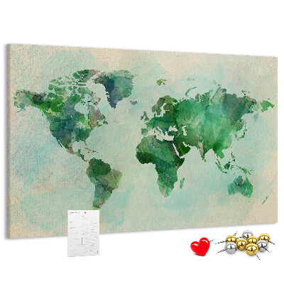 Korktafel mit Motiv einer grünen Aquarell-Weltkarte