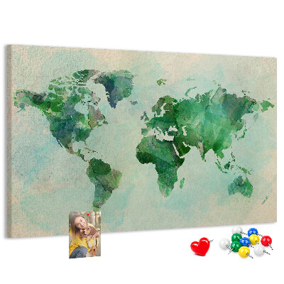Korktafel mit Motiv einer grünen Aquarell-Weltkarte