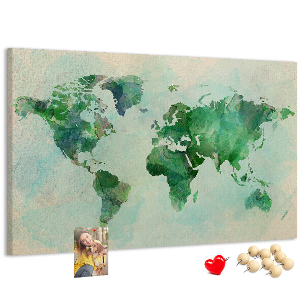 Korktafel mit Motiv einer grünen Aquarell-Weltkarte