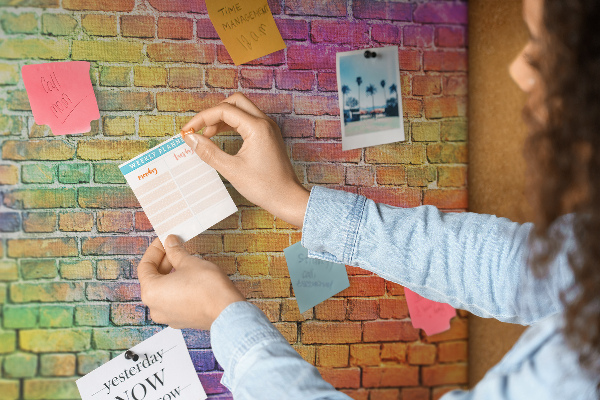 Korkbild mit buntem Backsteinmauer-Motiv im Regenbogen-Design