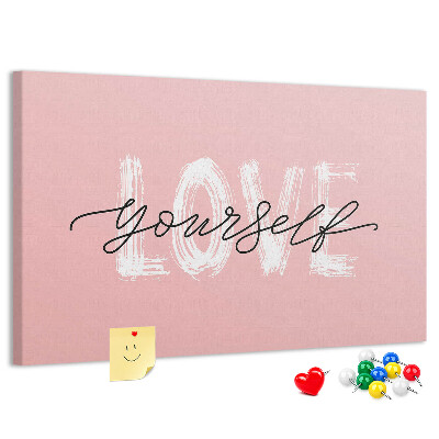 Kork-Pinnwand mit Motiv Selbstliebe auf rosa Hintergrund