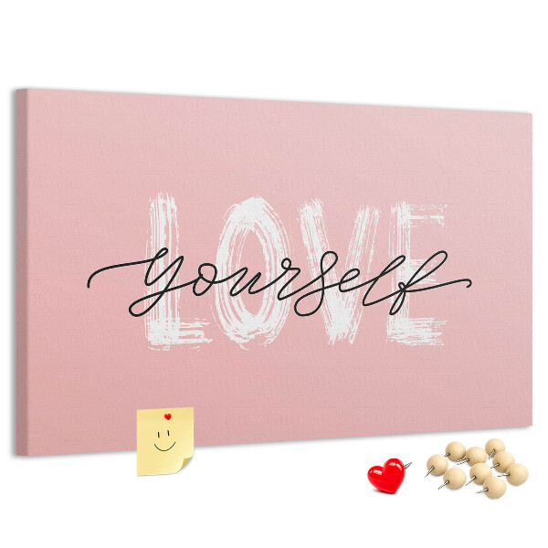 Kork-Pinnwand mit Motiv Selbstliebe auf rosa Hintergrund
