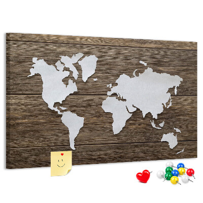 Weltkarte auf Holzgrund mit Korkrückwand