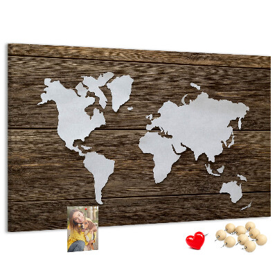 Weltkarte auf Holzgrund mit Korkrückwand