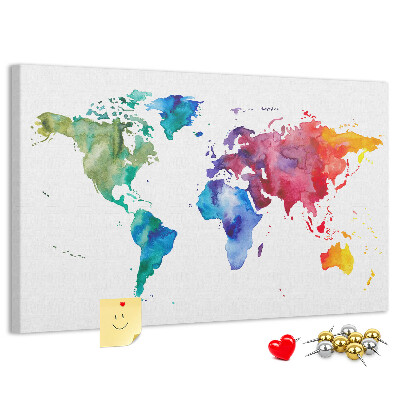 Korktafel mit bunter Aquarell-Weltkarte
