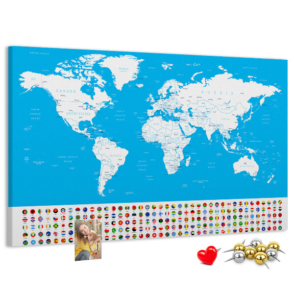 Korktafel bunte Weltkarte mit Länderflaggen