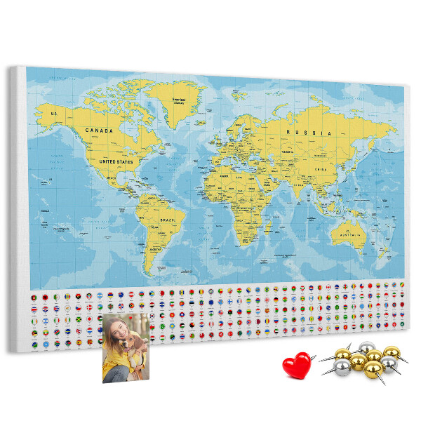 Korkbild Weltkarte mit farbigen Stecknadeln