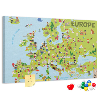 Europa-Karte mit Korkrückwand farbenfrohes Design mit kulturellen Symbolen