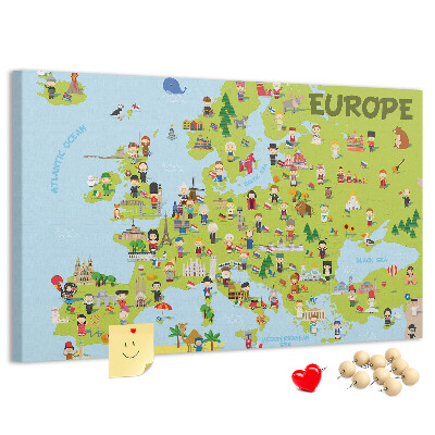 Europa-Karte mit Korkrückwand farbenfrohes Design mit kulturellen Symbolen