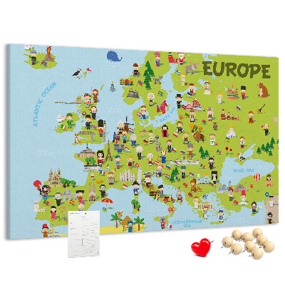Europa-Karte mit Korkrückwand farbenfrohes Design mit kulturellen Symbolen