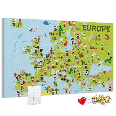 Europa-Karte mit Korkrückwand farbenfrohes Design mit kulturellen Symbolen