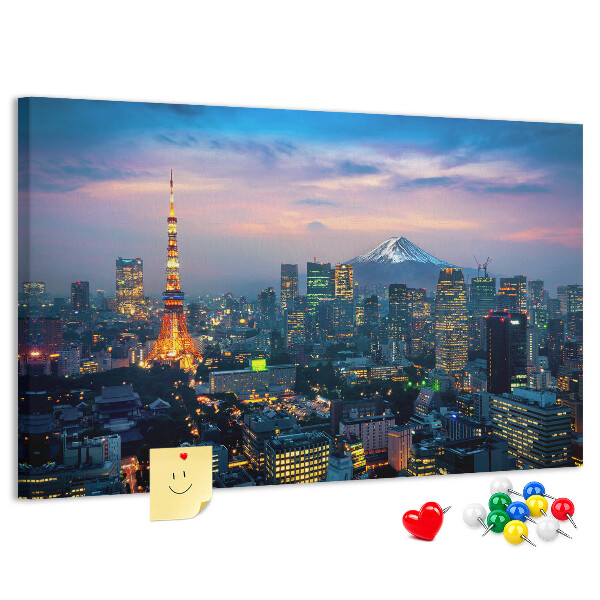 Korktafel mit Motiv Sonnenuntergang über Tokio mit Fuji